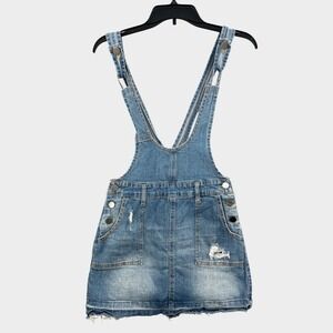 Hot Topic Womens XS Blue Distressed Denim Overall Pinafore Skirt Mini Dress Y2K